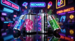 Színes, ragyogó, fémes színű e-cigaretta-készülékek egy neonfényes, cyberpunk stílusú játékteremben.