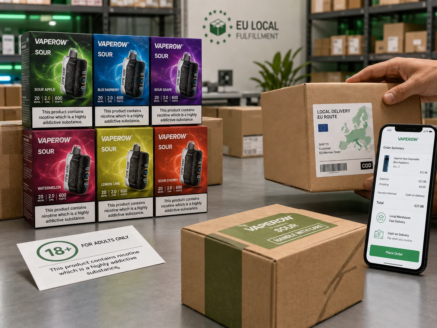 EU Disposable Vape Wholesale Vaperow vape bulk packaging warehouse for EU local fulfillment and delivery (ID#5)