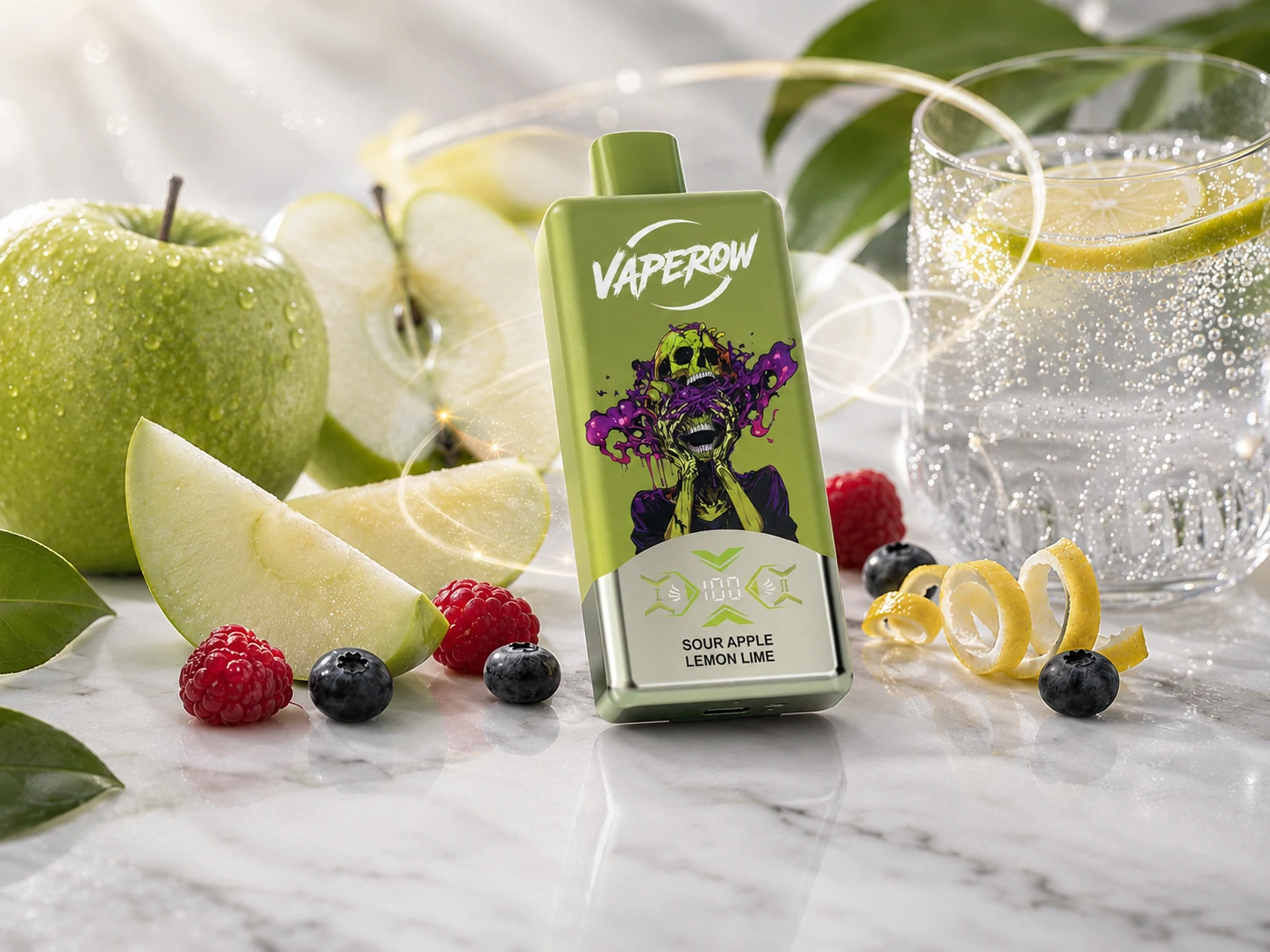 Sour Apple Lemon Lime Vape Green Vaperow disposable vape device with skull graphic design and fresh fruits (ID#2)