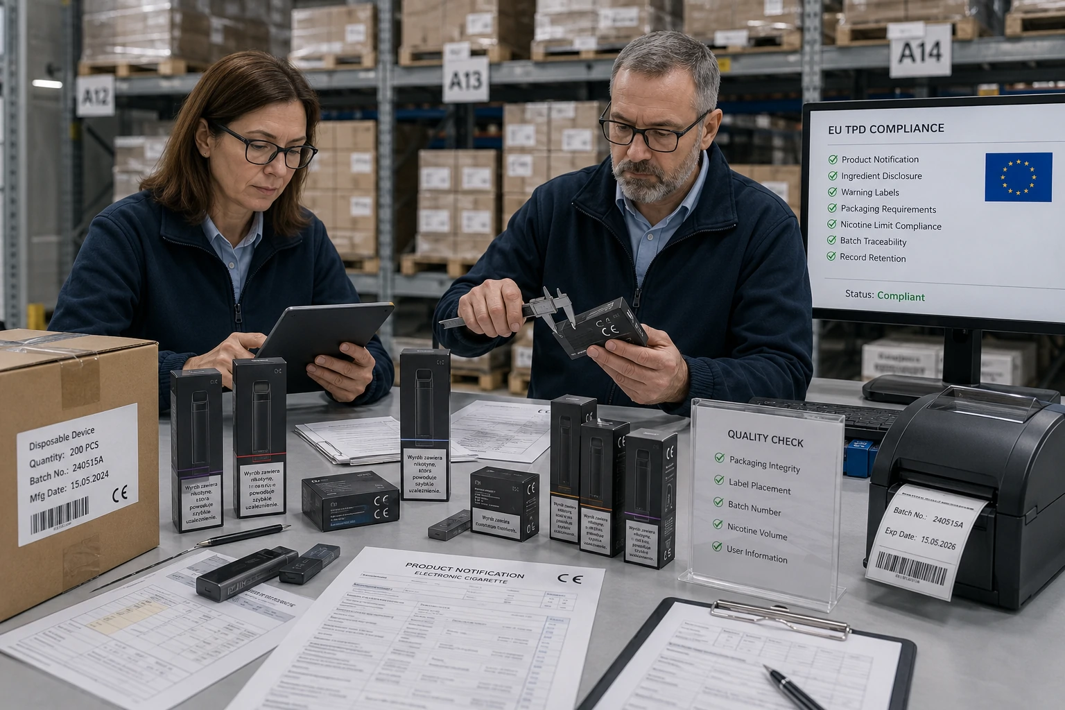 Adult warehouse workers verifying TPD compliance and packaging dimensions of disposable vapes