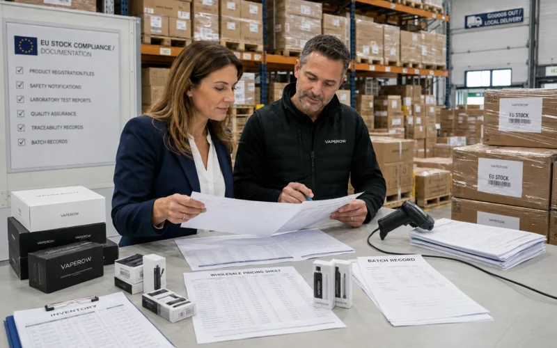 Vaperow warehouse team checking EU stock compliance documentation and disposable vapes