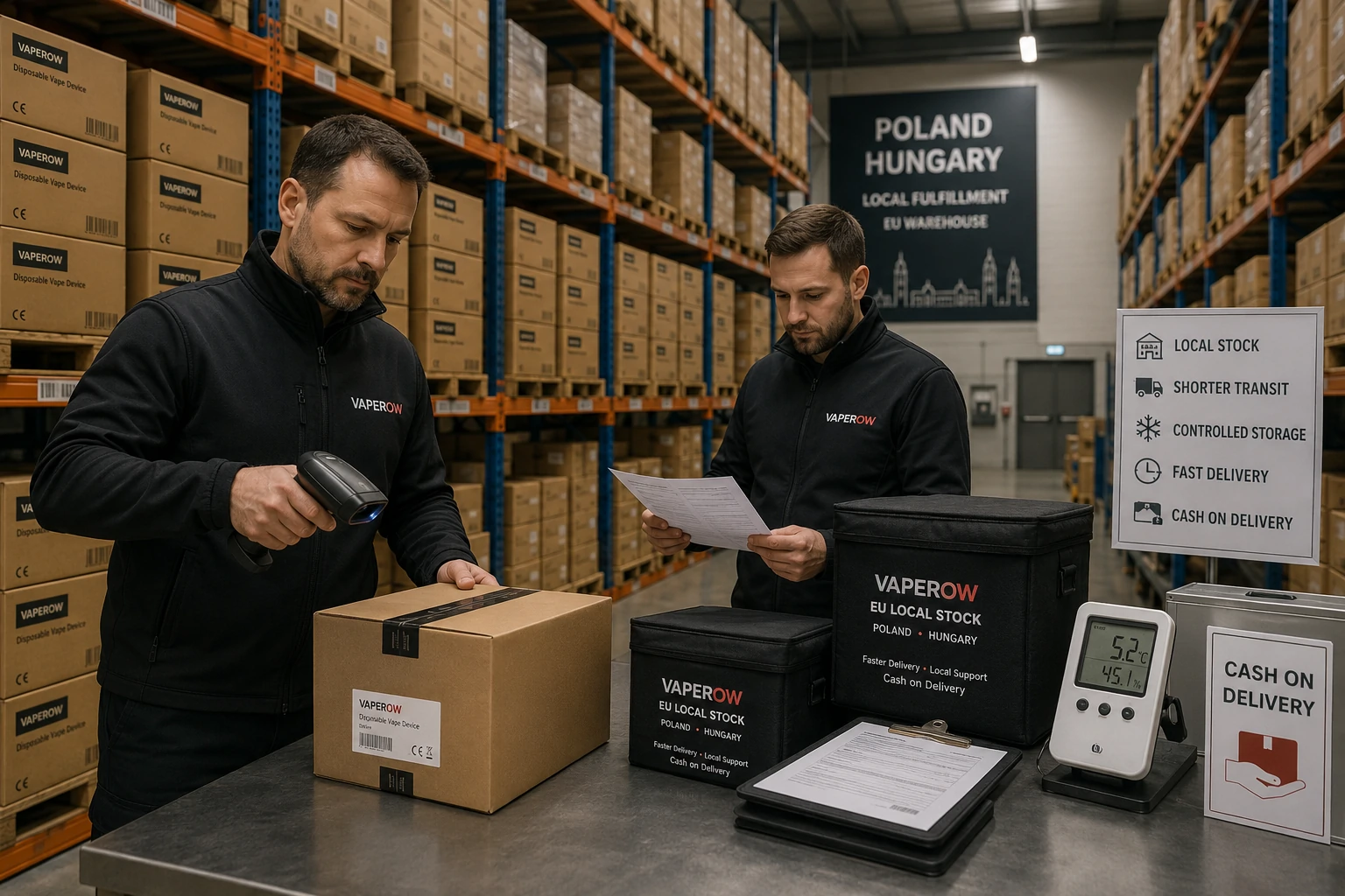 Vaperow EU local warehouse fulfillment Vaperow EU warehouse staff processing local disposable vape fulfillment orders (ID#5)