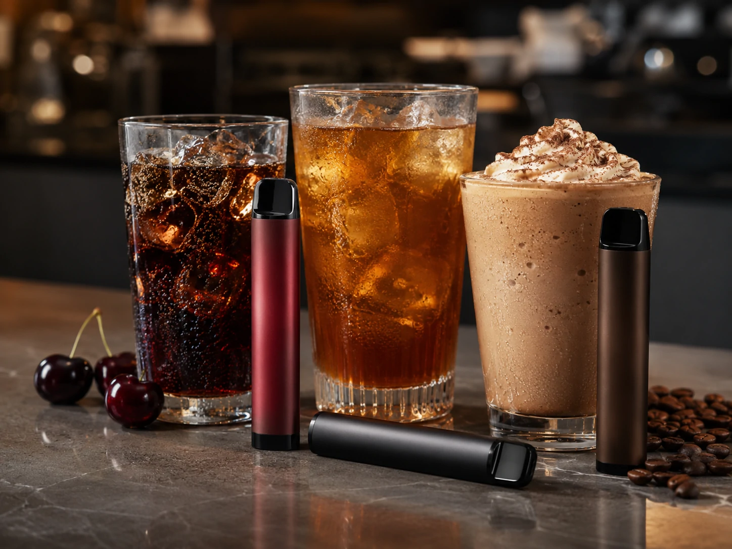 Vaperow beverage flavoured vapes Vaperow vapes displayed next to iced cola, tea, and coffee drinks (ID#3)