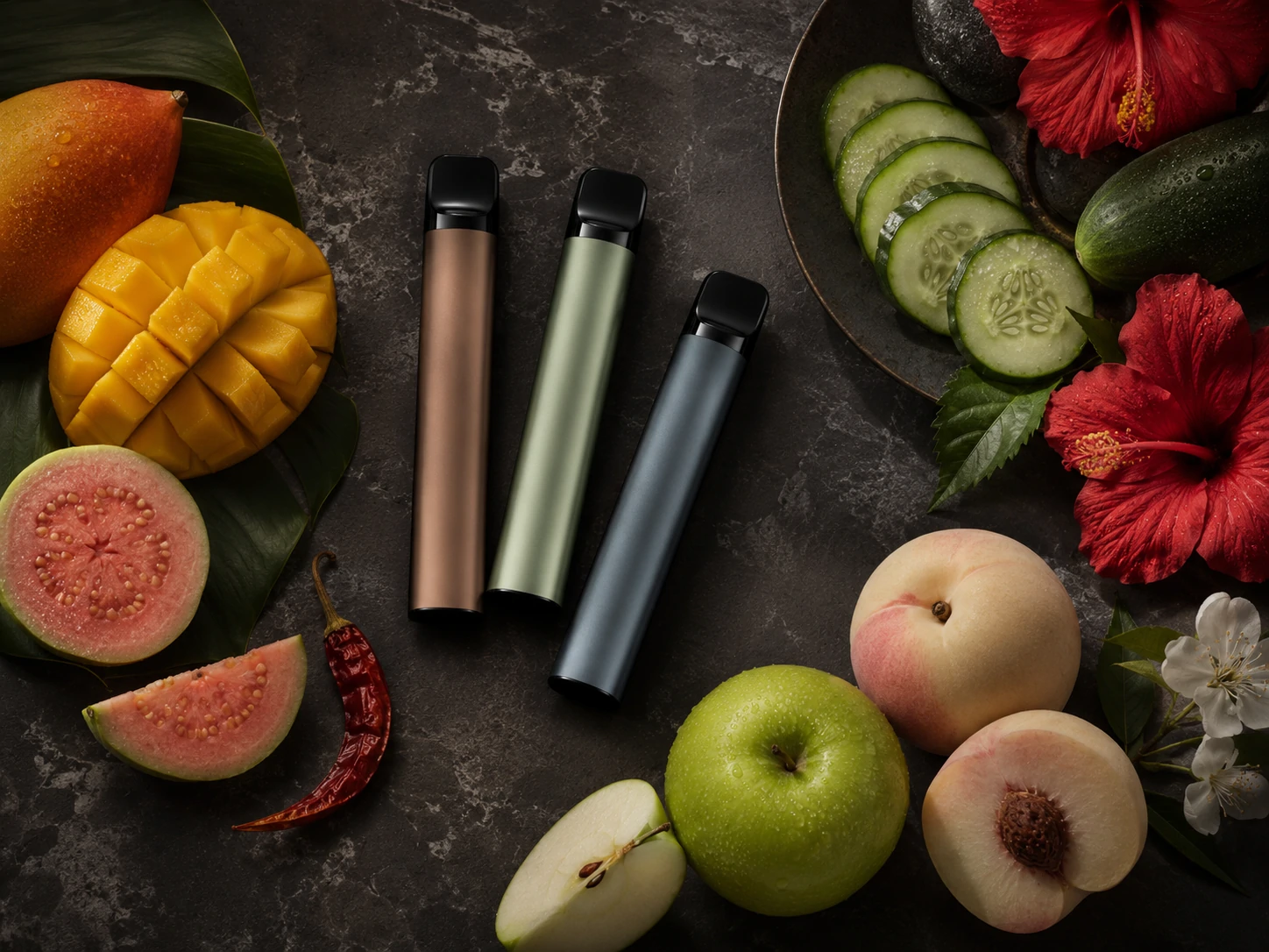 Vaperow tropical disposable vapes Vaperow disposable vape devices surrounded by fresh tropical fruits (ID#2)