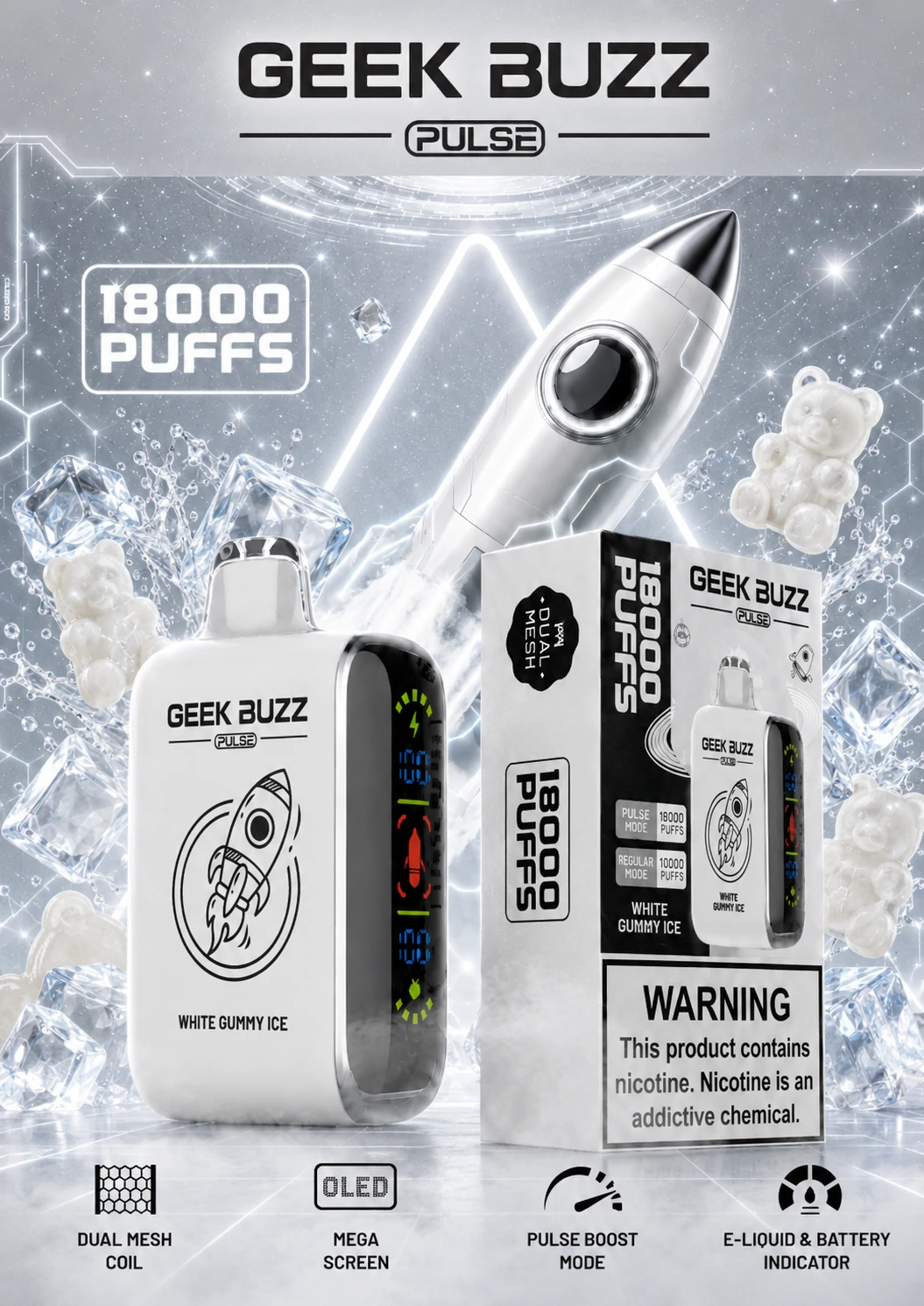 GEEK BUZZ PULSE White Gummy Ice 18000 Puffs Disposable Vape - Image 2