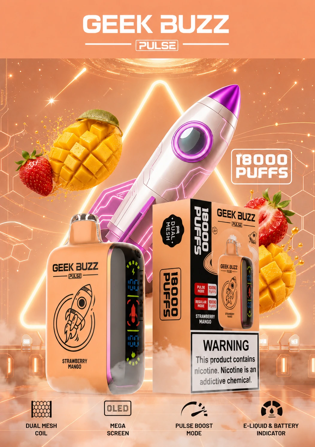 GEEK BUZZ PULSE Strawberry Mango 18K Puffs Adjustable Vape - Image 2