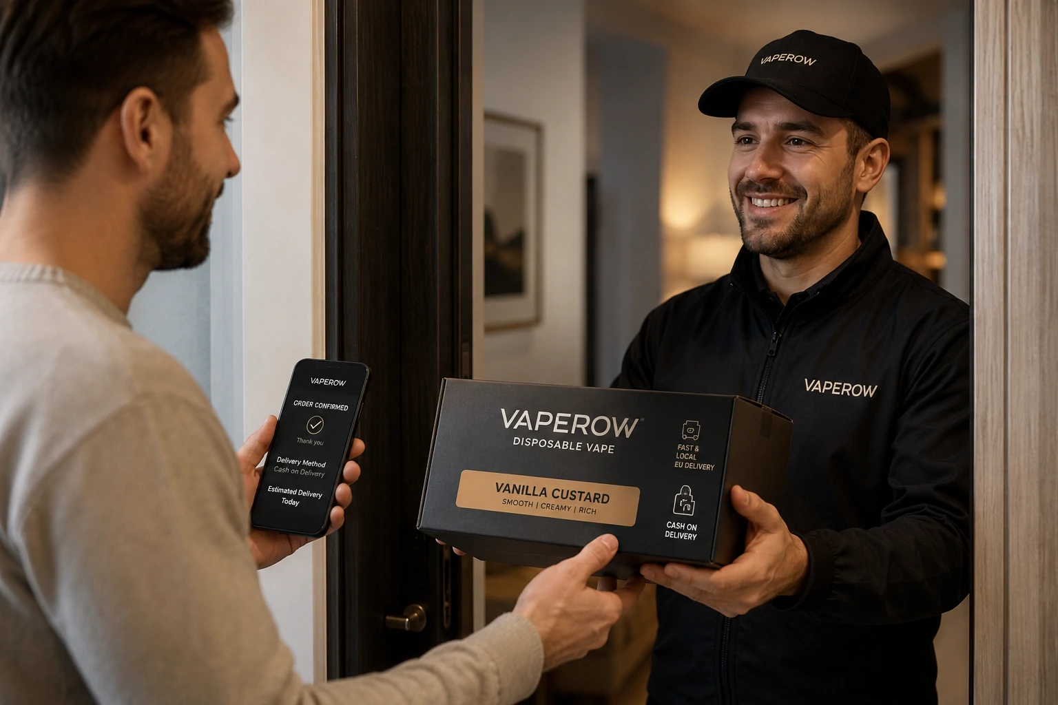COD Vape Delivery Adult courier delivering Vaperow vanilla custard disposable vape package (ID#5)