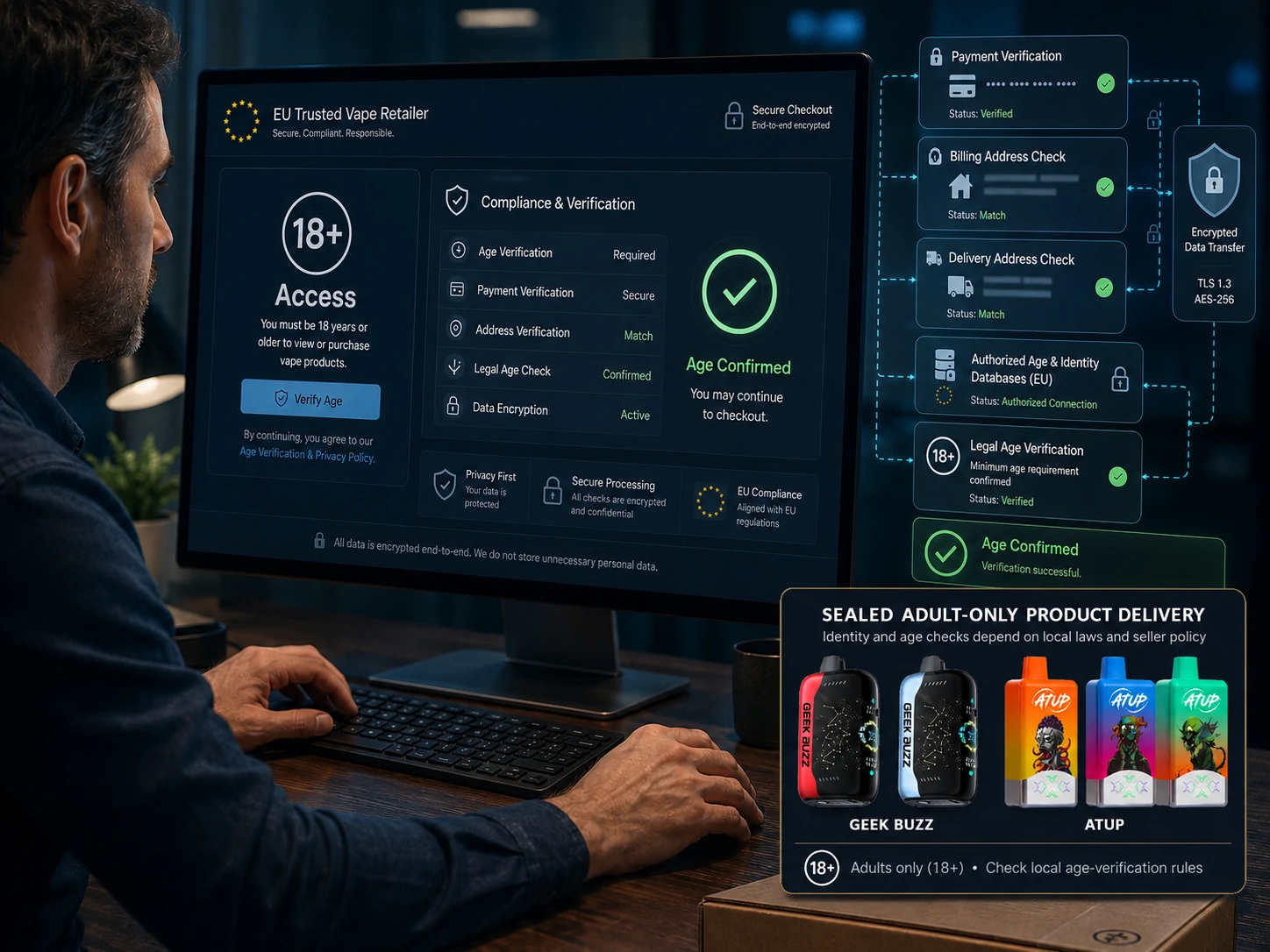 EU Age Verification Adult buyer views EU vape age verification and secure checkout process (ID#2)