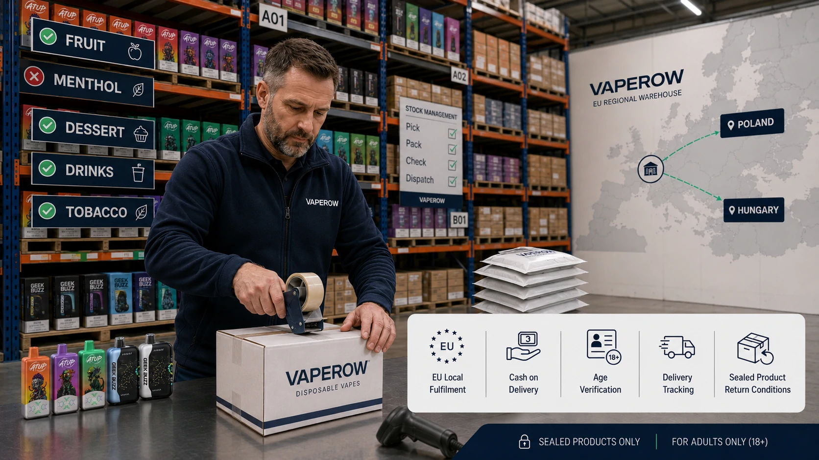 EU Vape Fulfilment Vaperow EU warehouse packing adult vape orders for Poland and Hungary (ID#5)