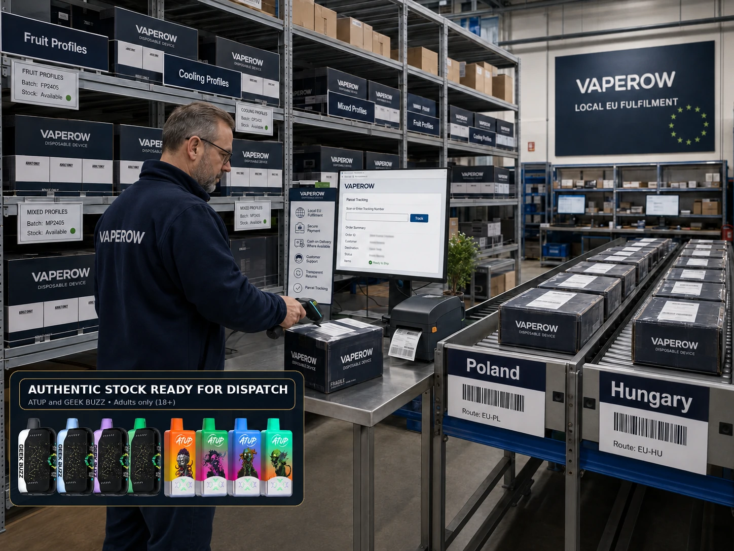 EU Warehouse Vape Dispatch Vaperow EU warehouse dispatches sealed disposable vapes to Poland and Hungary (ID#4)