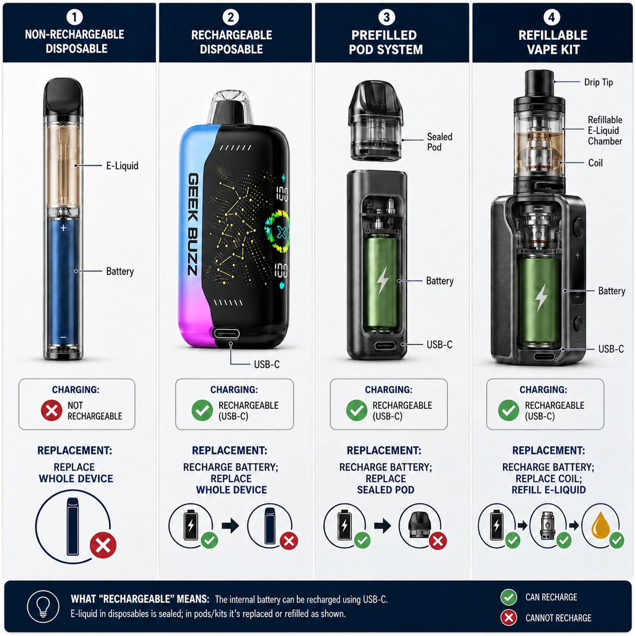 Electronic Cigarette Types Electronic cigarette comparison showing disposable, rechargeable, pod and refillable device structures (ID#2)