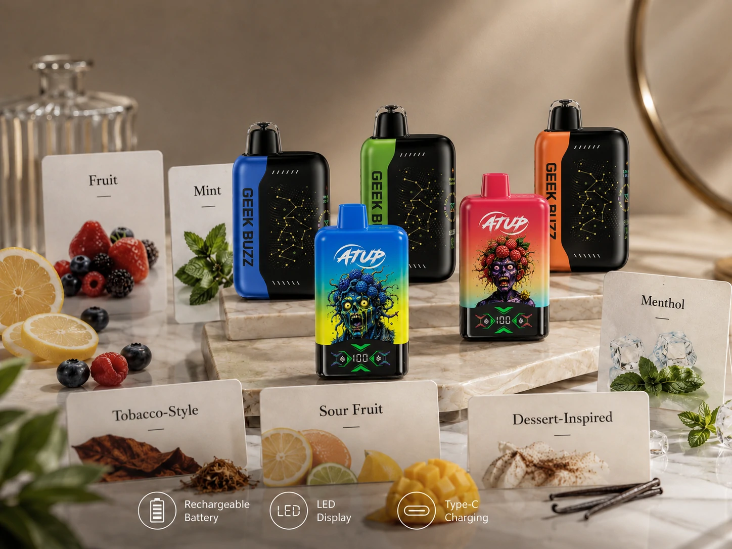 Flavour Category Display ATUP and GEEK BUZZ disposable vapes with flavour category cards (ID#3)