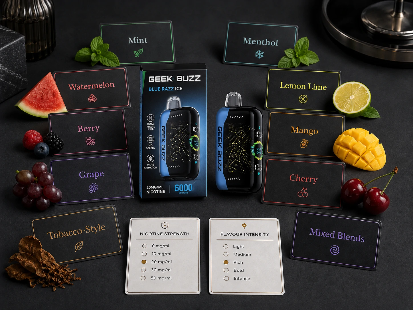 Flavour Profile Cards GEEK BUZZ vape flavour cards with nicotine information (ID#5)