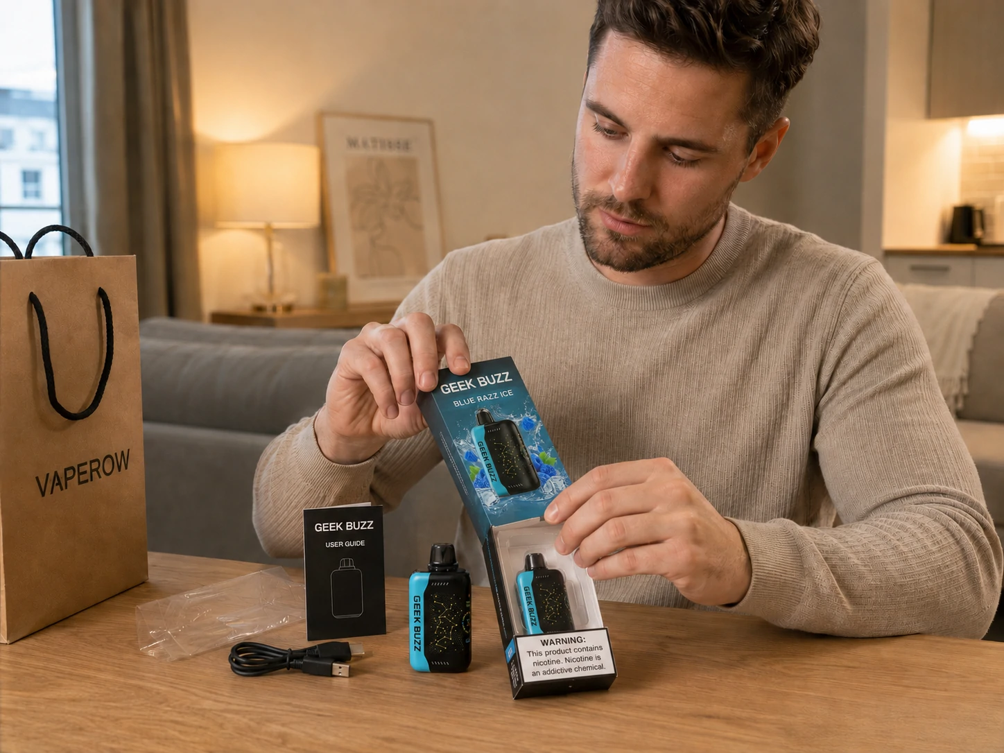 Geek Buzz Unboxing Adult customer unboxes Geek Buzz disposable vape package with guide (ID#2)