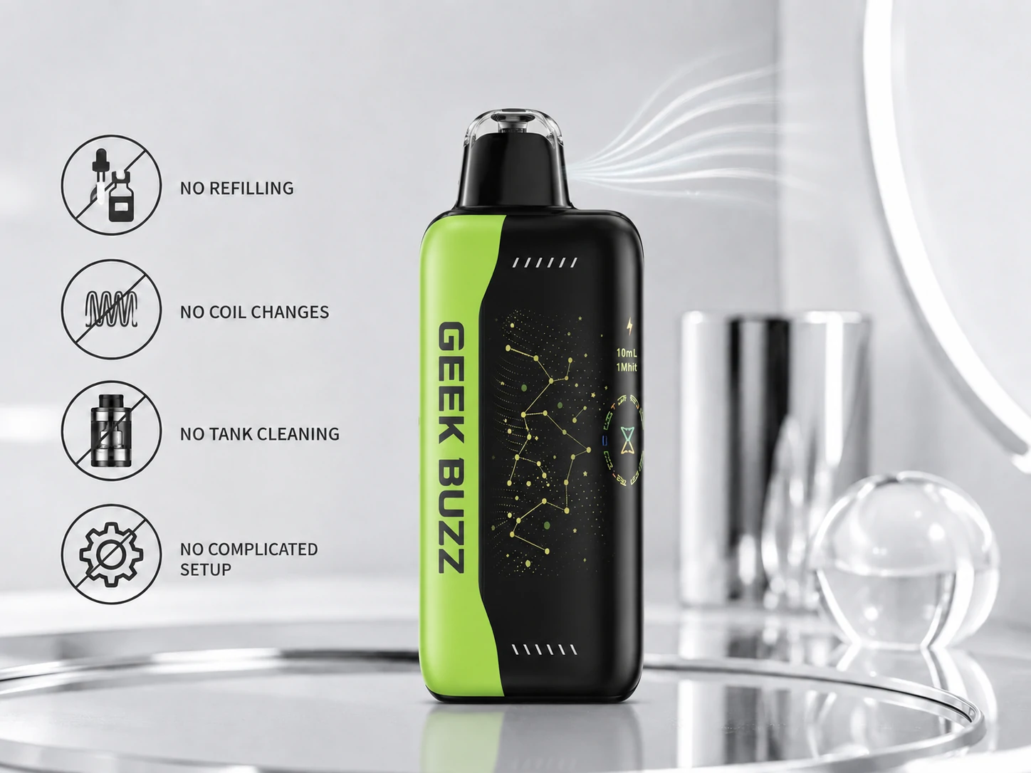 No Maintenance Vape GEEK BUZZ disposable vape with no-maintenance icons (ID#2)