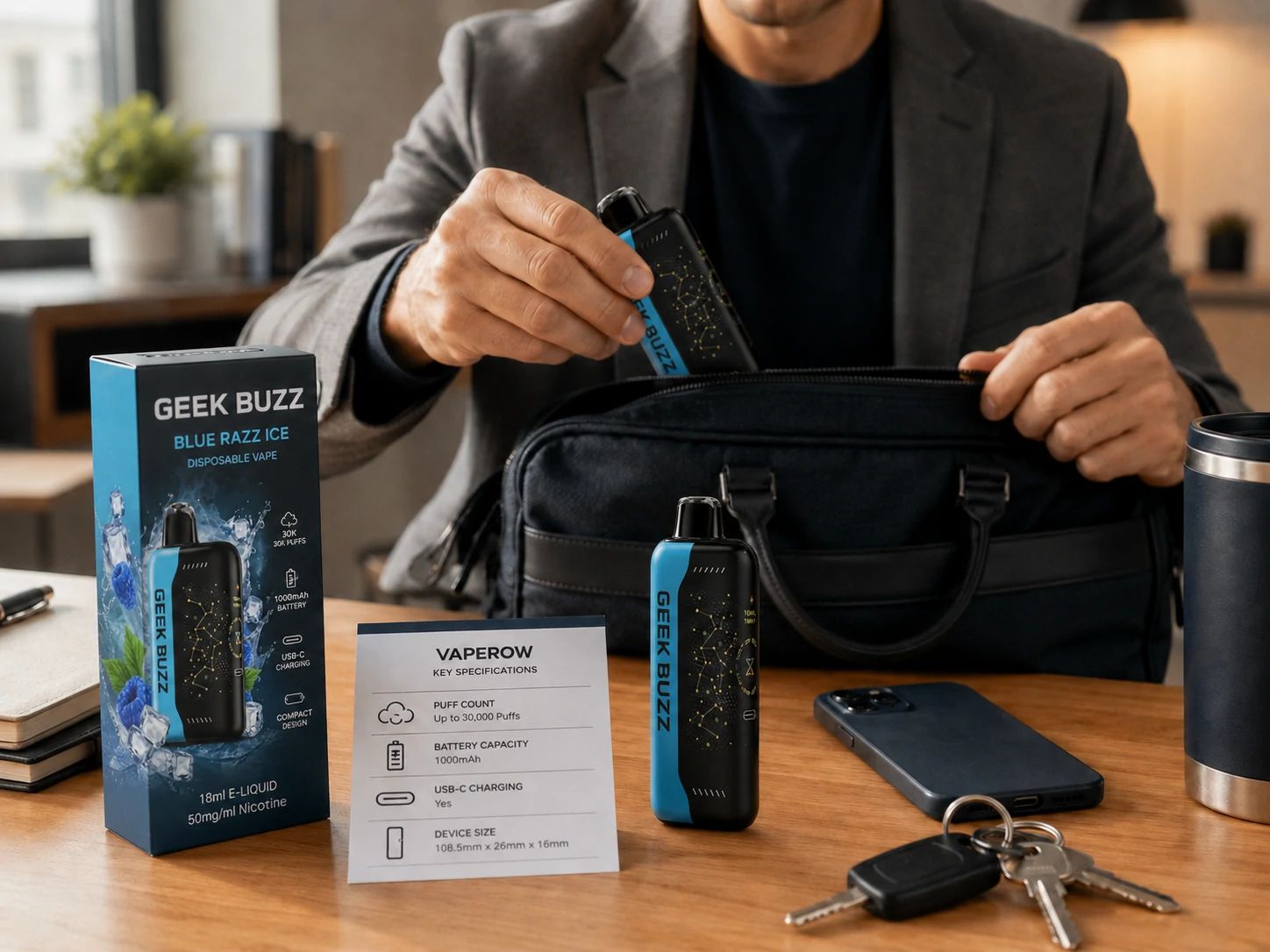 Portable Vape Choice Adult buyer packs Geek Buzz disposable vape beside specification card (ID#4)