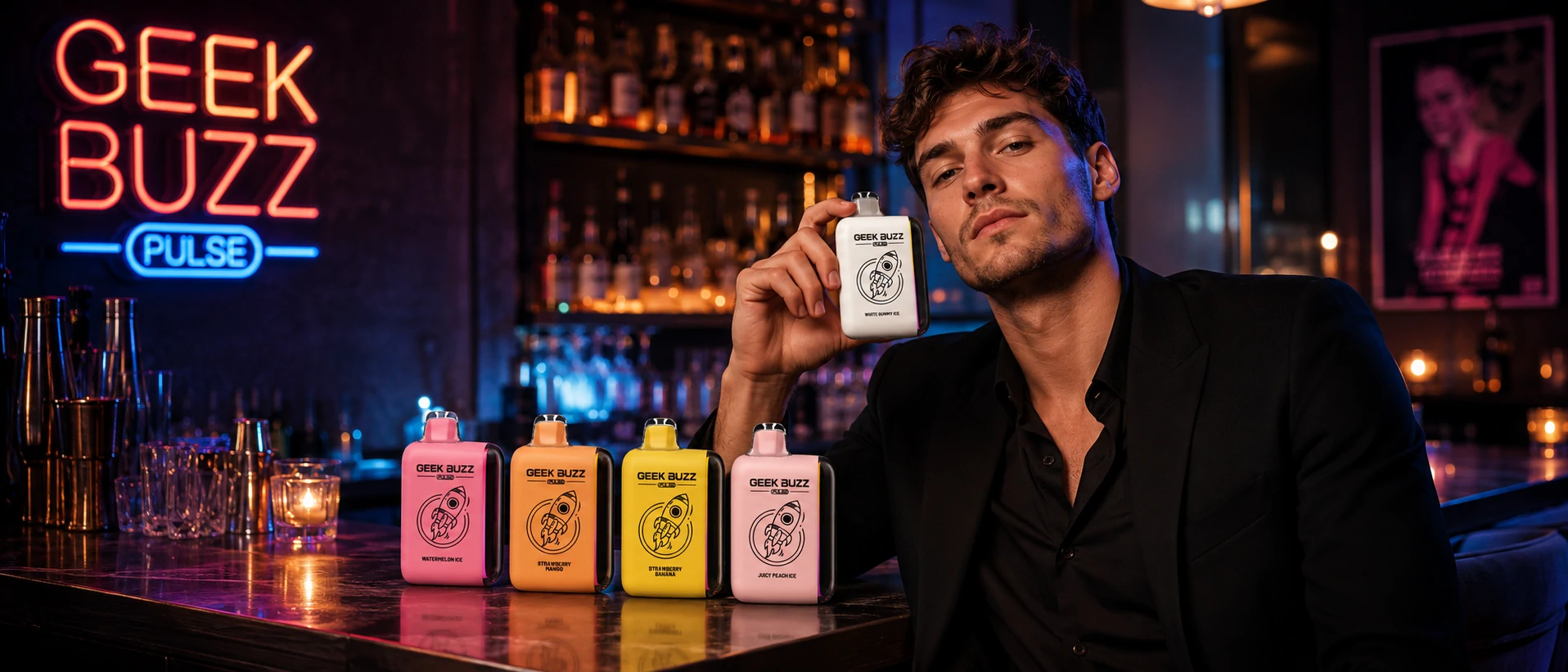 Man at bar presenting colorful Vaperow disposable vape devices with various fruit flavours