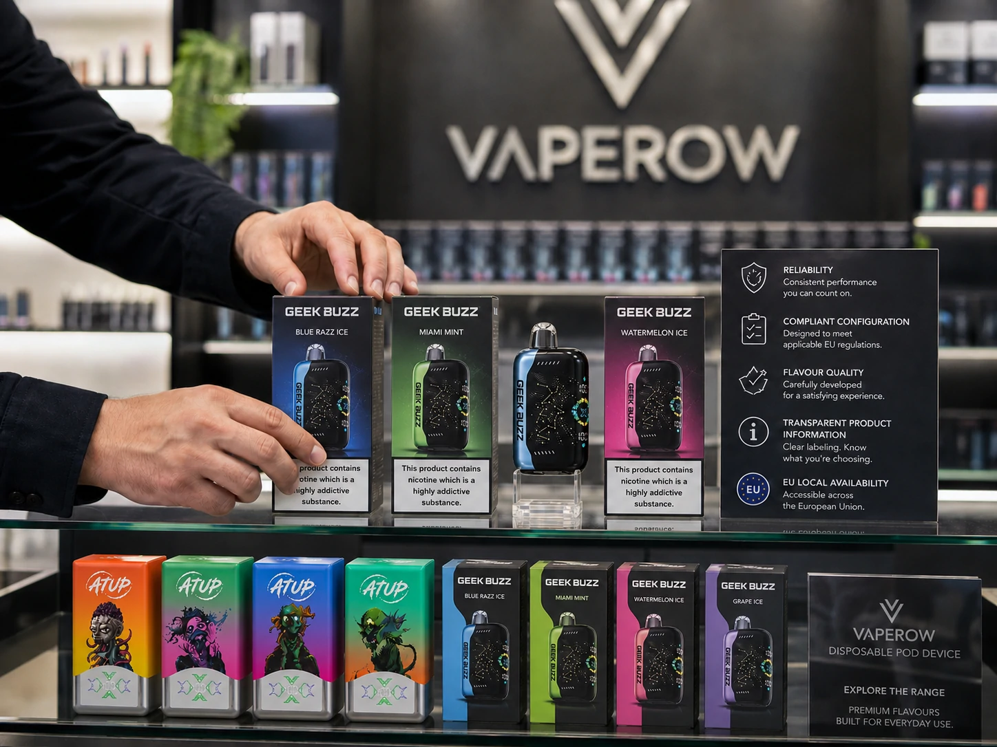 Retail Product Range Vaperow retail display with GEEK BUZZ and ATUP disposable vapes (ID#2)