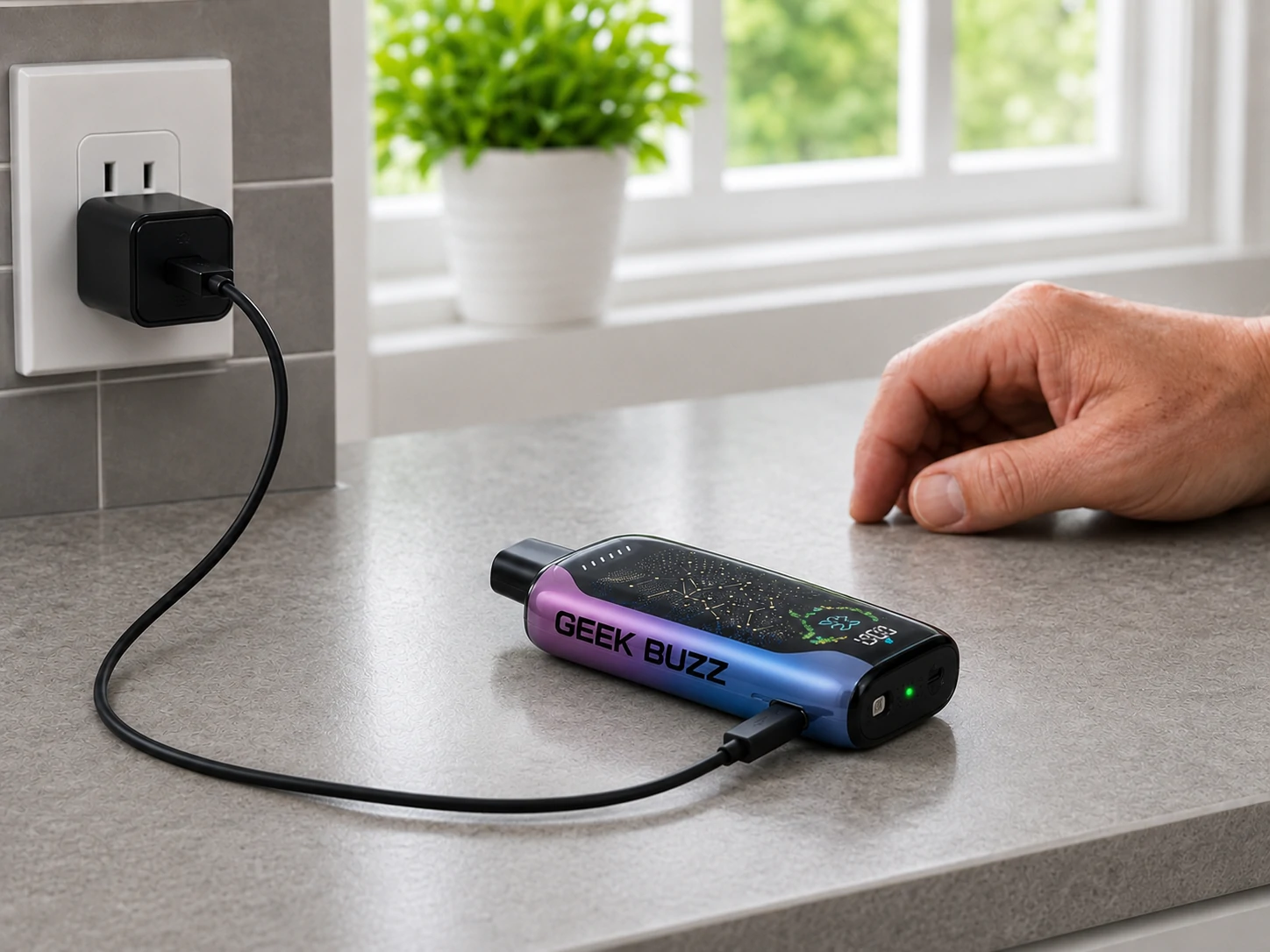 Safe USB-C Charging GEEK BUZZ disposable vape charging by USB-C on a dry countertop (ID#4)