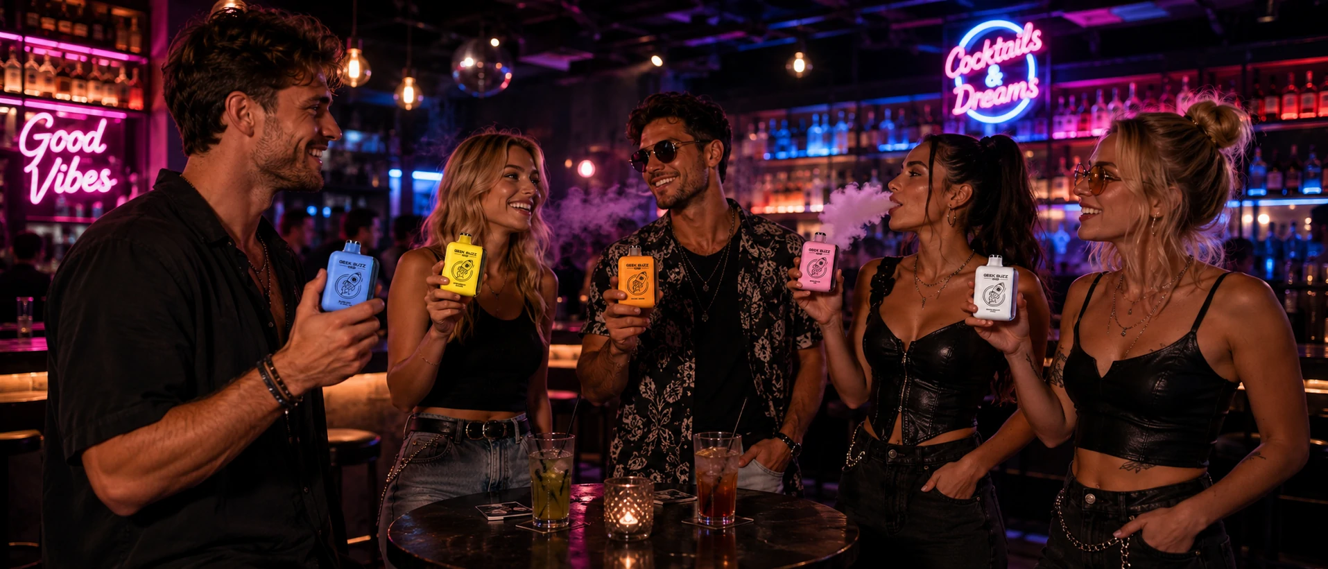 Adults socializing at a nightlife venue enjoying Vaperow disposable vape devices