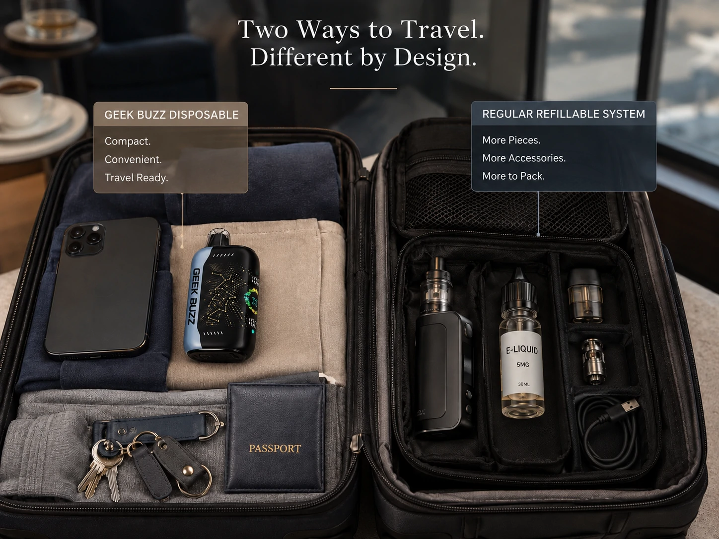 Travel packing comparison of GEEK BUZZ disposable and refillable vape systems (ID#4)