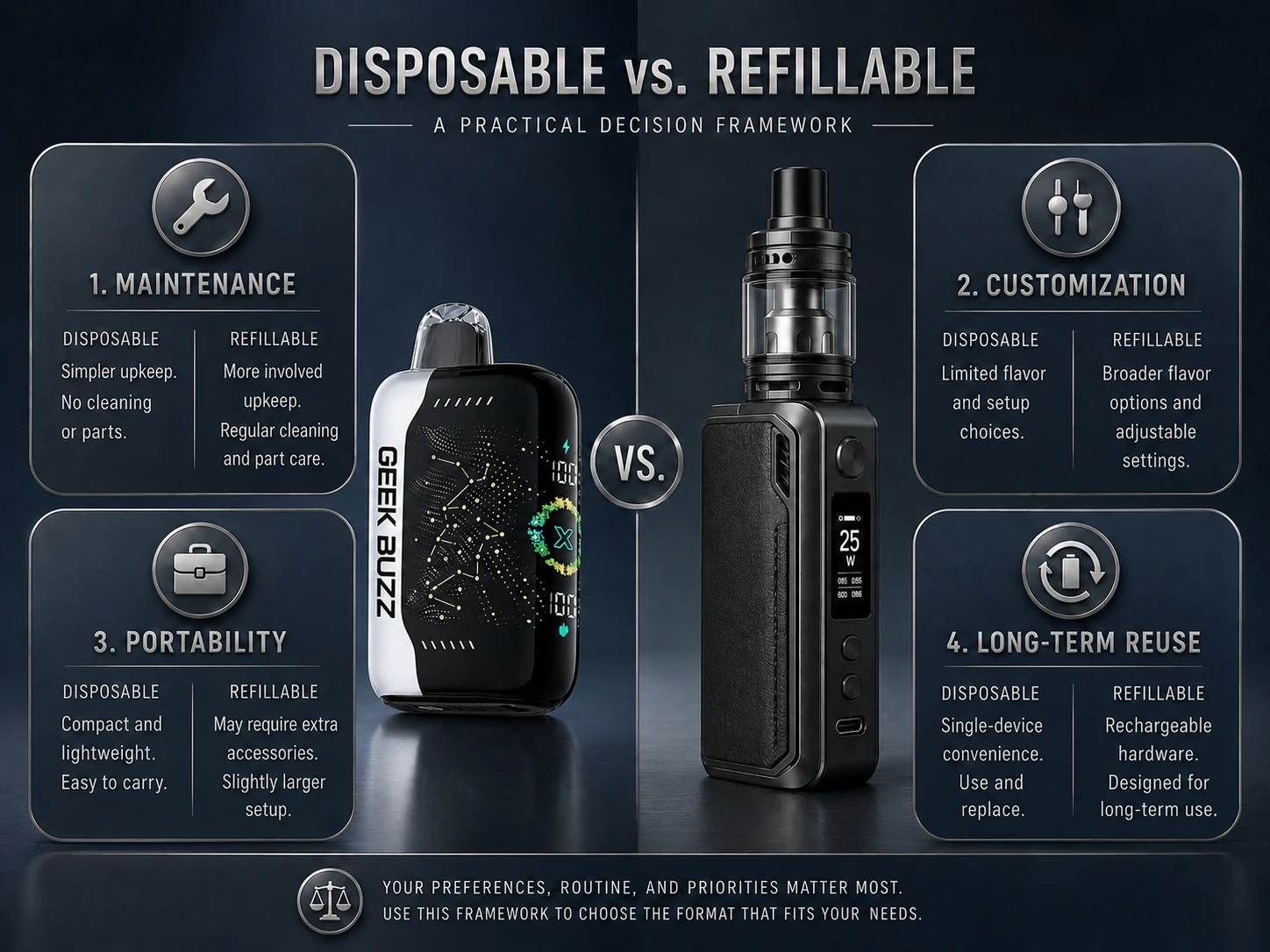 Disposable and refillable vape decision framework comparing maintenance customization portability and reuse (ID#5)