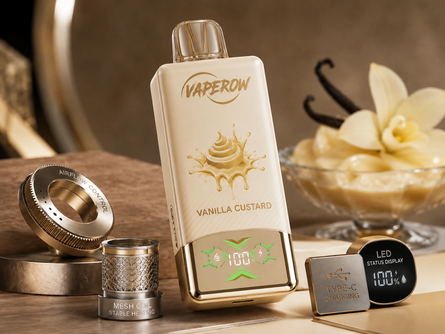 Vape Hardware Details Vaperow vanilla custard vape with airflow, mesh coil and Type-C details (ID#4)