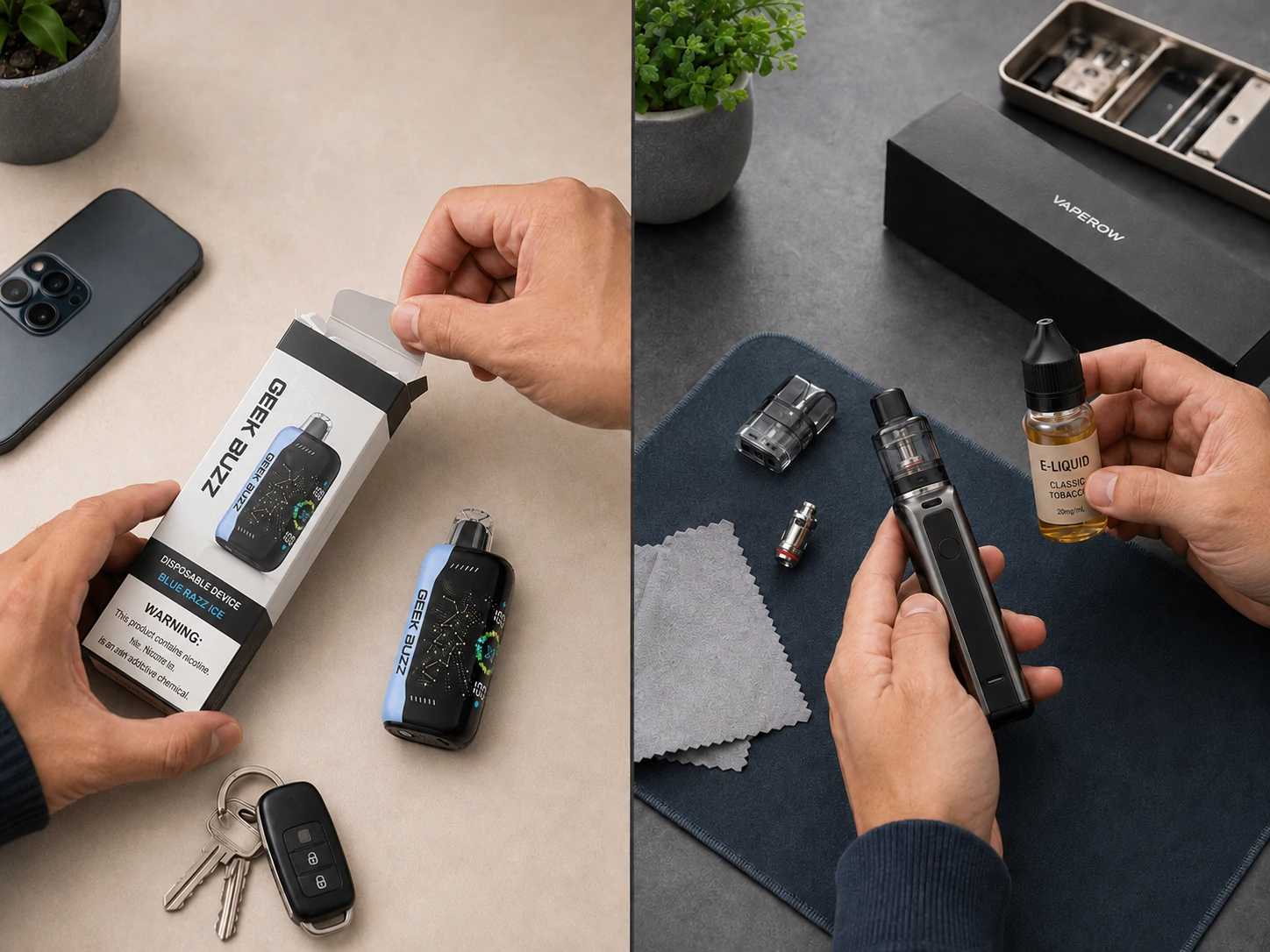 Adult hands compare GEEK BUZZ disposable device and refillable vape maintenance (ID#2)