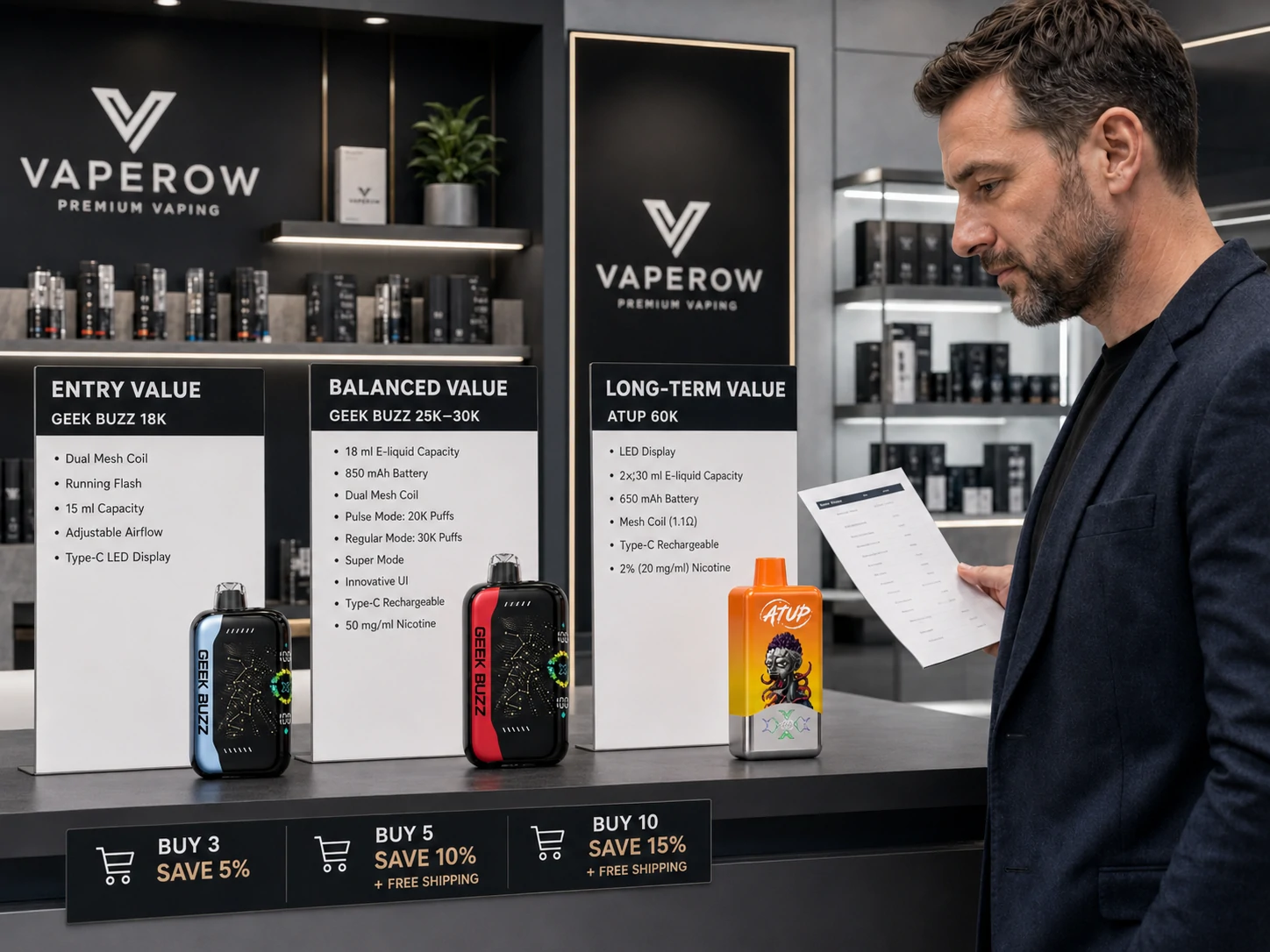 Vape Value Comparison Adult shopper compares Vaperow disposable vape specifications and bundle discounts in store (ID#2)
