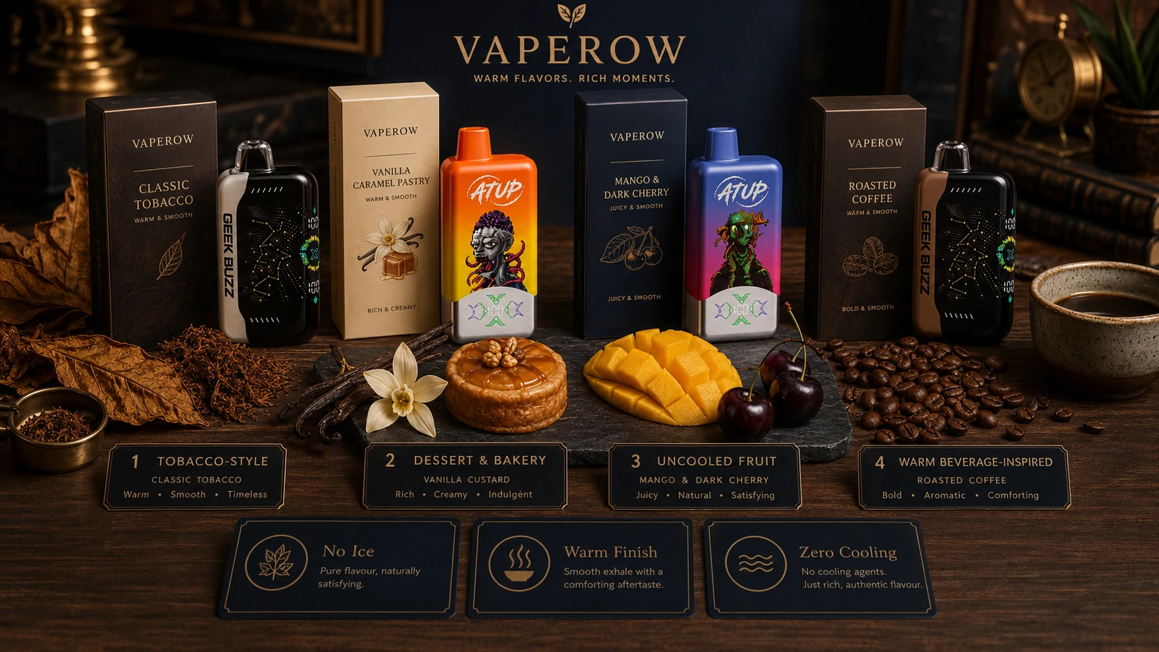 Warm Non-Menthol Flavours Vaperow warm non-menthol vape flavours with ATUP and GEEK BUZZ devices (ID#3)