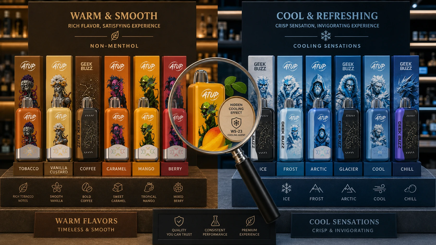 Warm Versus Cooling Flavours ATUP and GEEK BUZZ warm versus cooling flavour comparison display (ID#2)